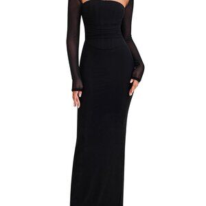Long Sleeve Halter Maxi Dress Formal Bodycon Ruched Wedding Guest
